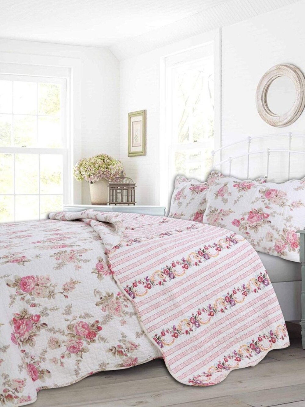 Romantic Pink Peony Floral 100% Cotton Reversible Quilt Bedding Set, Coverlet